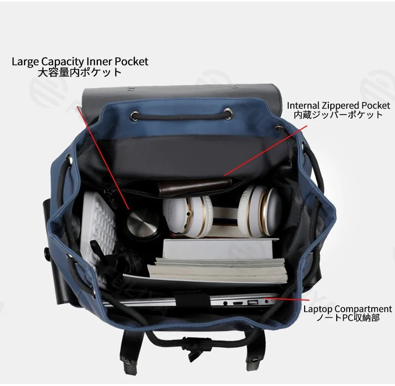 Guangzhou Fuliya Industry Co.,Ltd C-81250 Men's waterproof drawstring backpack, large capacity with multi-layer storage, laptop compartment, inner zipper pocket, side pockets, luggage sleeve, and comfortable handle - for commuting, travel, and school.