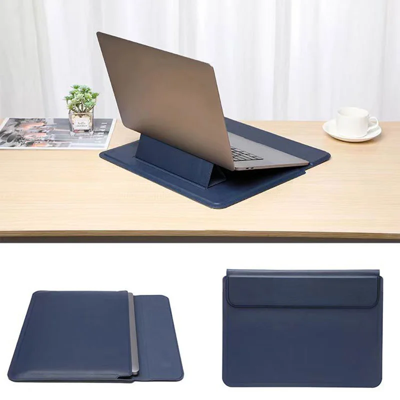 Guangzhou Fuliya Industry Co.,Ltd C-81257 2-in-1 laptop sleeve with magnetic foldable stand, doubles as cooling stand and wrist rest, waterproof soft leather, strong magnets - for MacBook, Lenovo, Huawei, etc.