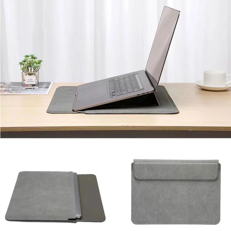 Guangzhou Fuliya Industry Co.,Ltd C-81257 2-in-1 laptop sleeve with magnetic foldable stand, doubles as cooling stand and wrist rest, waterproof soft leather, strong magnets - for MacBook, Lenovo, Huawei, etc.