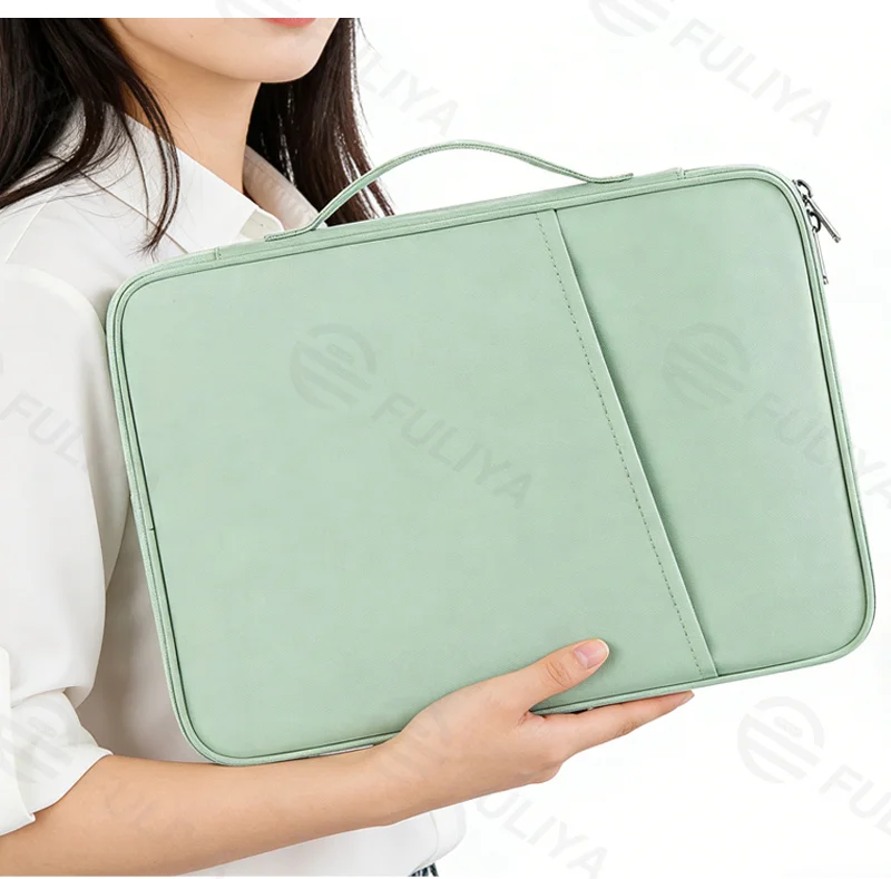 Guangzhou Fuliya Industry Co.,Ltd C-81258 Tablet sleeve bag, 180° opening, water-resistant and wear-resistant, fleece lining with hook-and-loop, main compartment, mesh pocket, pen slot, and handle - for business, office, and travel.