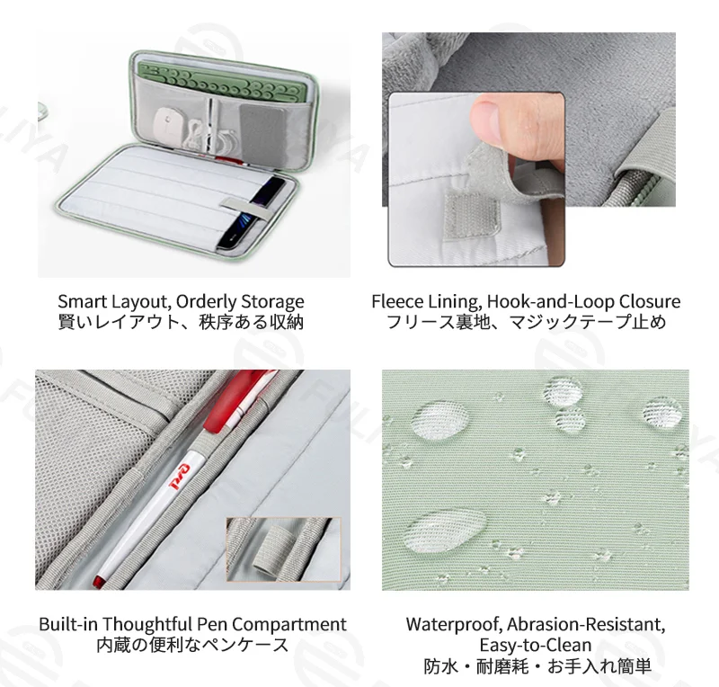 Guangzhou Fuliya Industry Co.,Ltd C-81258 Tablet sleeve bag, 180° opening, water-resistant and wear-resistant, fleece lining with hook-and-loop, main compartment, mesh pocket, pen slot, and handle - for business, office, and travel.