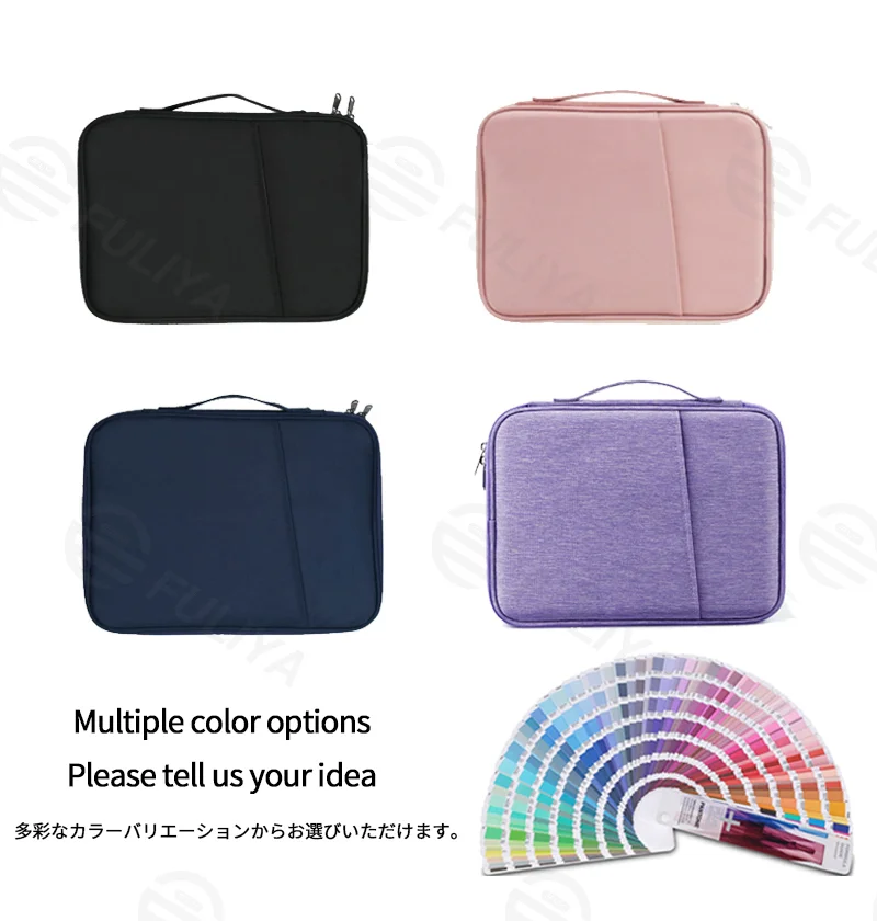Guangzhou Fuliya Industry Co.,Ltd C-81258 Tablet sleeve bag, 180° opening, water-resistant and wear-resistant, fleece lining with hook-and-loop, main compartment, mesh pocket, pen slot, and handle - for business, office, and travel.