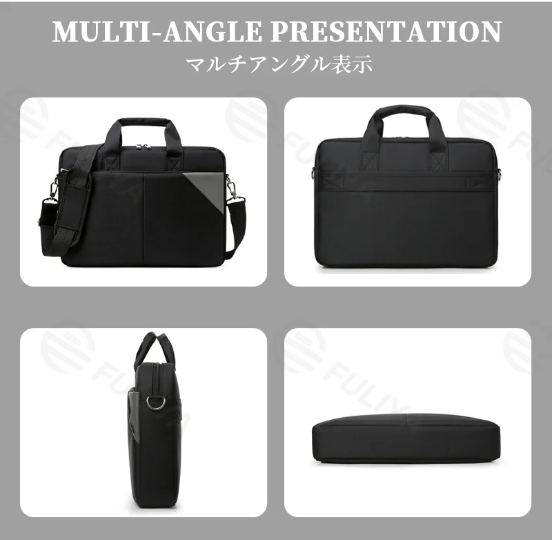Guangzhou Fuliya Industry Co.,Ltd C-81260 16-inch nylon laptop bag, hand/shoulder/crossbody carry, padded shoulder strap, front and back pockets, multi-layer interior, and luggage strap - for business, office, and travel.