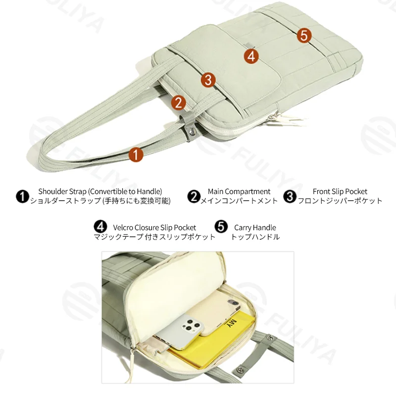 Guangzhou Fuliya Industry Co.,Ltd C-81261 Women's laptop tote bag, hand or shoulder carry, main compartment, front slip pocket, Velcro pocket, and fixed handle - shockproof protection for commuting, office, and daily use.