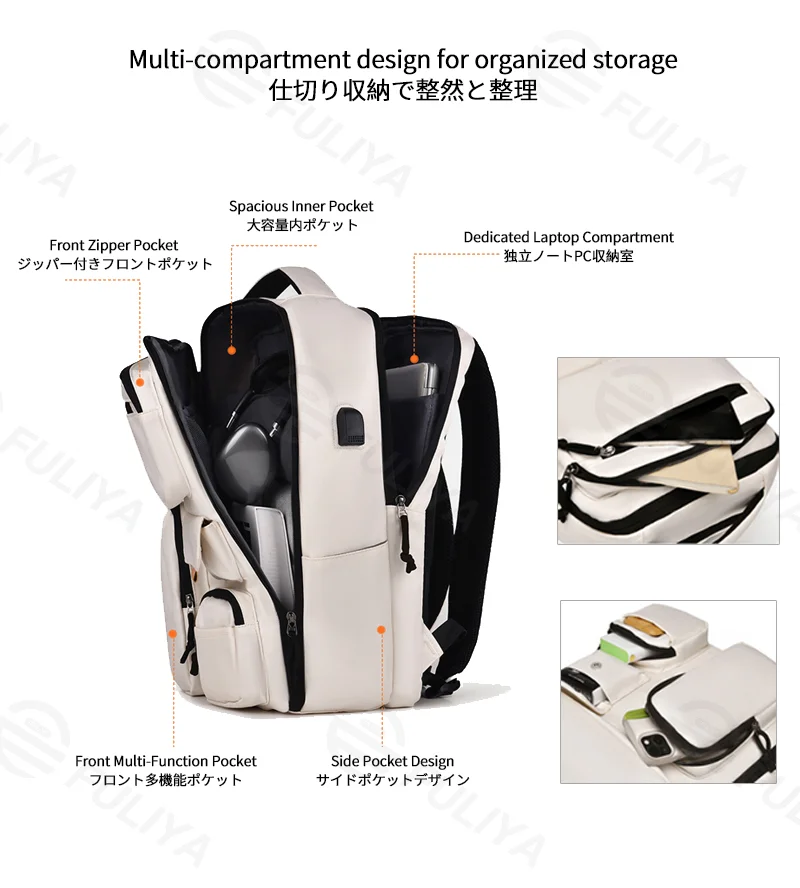 Guangzhou Fuliya Industry Co.,Ltd C-81263 Multi-functional backpack, water-resistant and scratch-resistant, 180° full-open, large capacity with compartments, laptop sleeve, USB port, and luggage strap - for commuting, business trips, and school.