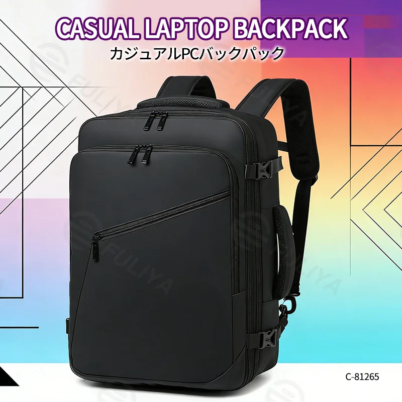 Guangzhou Fuliya Industry Co.,Ltd C-81264 Travel backpack, water-resistant, 180° full-open, expands 4cm, laptop compartment and luggage strap - for business trips, commuting, and weekend travel.