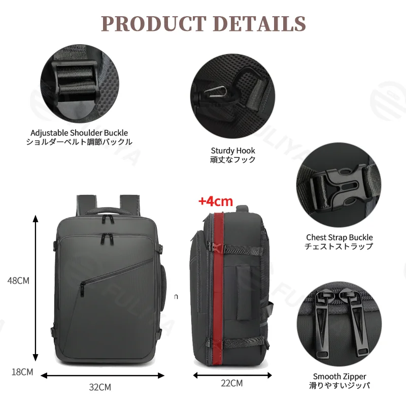 Guangzhou Fuliya Industry Co.,Ltd C-81264 Travel backpack, water-resistant, 180° full-open, expands 4cm, laptop compartment and luggage strap - for business trips, commuting, and weekend travel.