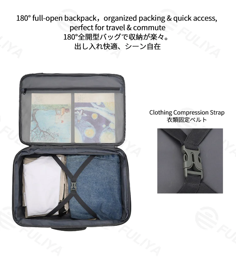 Guangzhou Fuliya Industry Co.,Ltd C-81264 Travel backpack, water-resistant, 180° full-open, expands 4cm, laptop compartment and luggage strap - for business trips, commuting, and weekend travel.