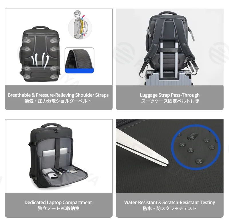 Guangzhou Fuliya Industry Co.,Ltd C-81264 Travel backpack, water-resistant, 180° full-open, expands 4cm, laptop compartment and luggage strap - for business trips, commuting, and weekend travel.