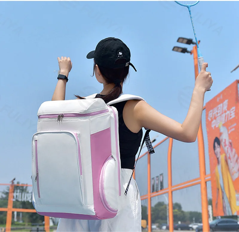 Guangzhou Fuliya Industry Co.,Ltd C-81265 Multi-functional tennis backpack, large capacity, dedicated racket and shoe compartments, front/back zipper pockets, side bottle pocket, and adjustable straps - for sports and daily use.