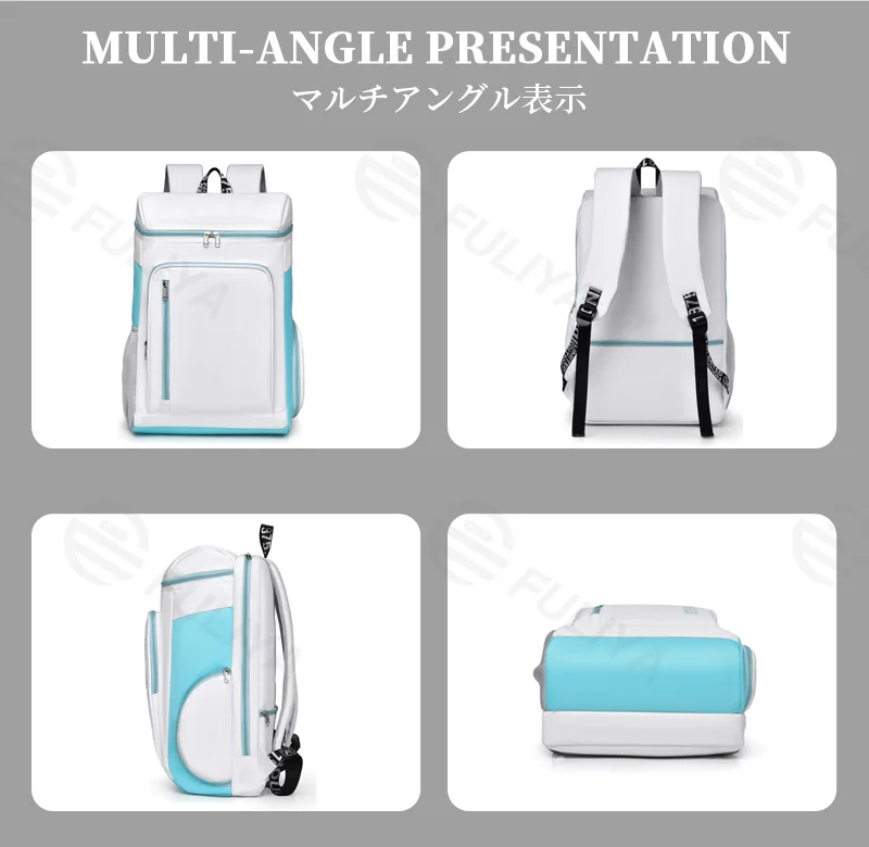 Guangzhou Fuliya Industry Co.,Ltd C-81265 Multi-functional tennis backpack, large capacity, dedicated racket and shoe compartments, front/back zipper pockets, side bottle pocket, and adjustable straps - for sports and daily use.