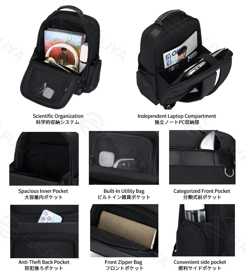 Guangzhou Fuliya Industry Co.,Ltd C-81266 Business commuter backpack, large capacity, laptop compartment, anti-theft back pocket, trolley sleeve, and breathable back panel - for commuting, business trips, and travel.