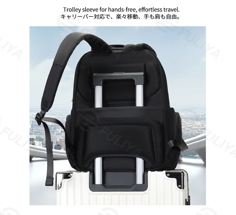 Guangzhou Fuliya Industry Co.,Ltd C-81266 Business commuter backpack, large capacity, laptop compartment, anti-theft back pocket, trolley sleeve, and breathable back panel - for commuting, business trips, and travel.