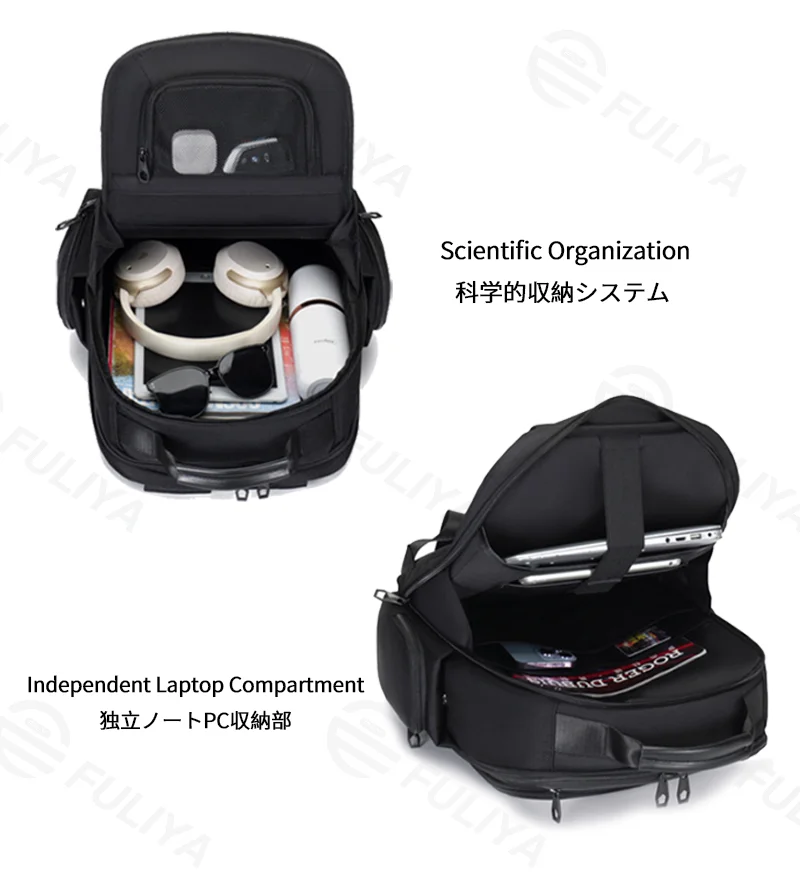 Guangzhou Fuliya Industry Co.,Ltd C-81267 Business commuter backpack, large capacity with compartments, laptop compartment, headphone jack, trolley sleeve, and breathable back panel - for commuting, business trips, and travel.