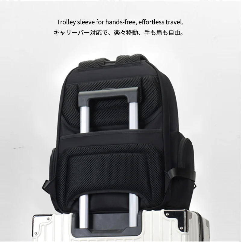 Guangzhou Fuliya Industry Co.,Ltd C-81267 Business commuter backpack, large capacity with compartments, laptop compartment, headphone jack, trolley sleeve, and breathable back panel - for commuting, business trips, and travel.