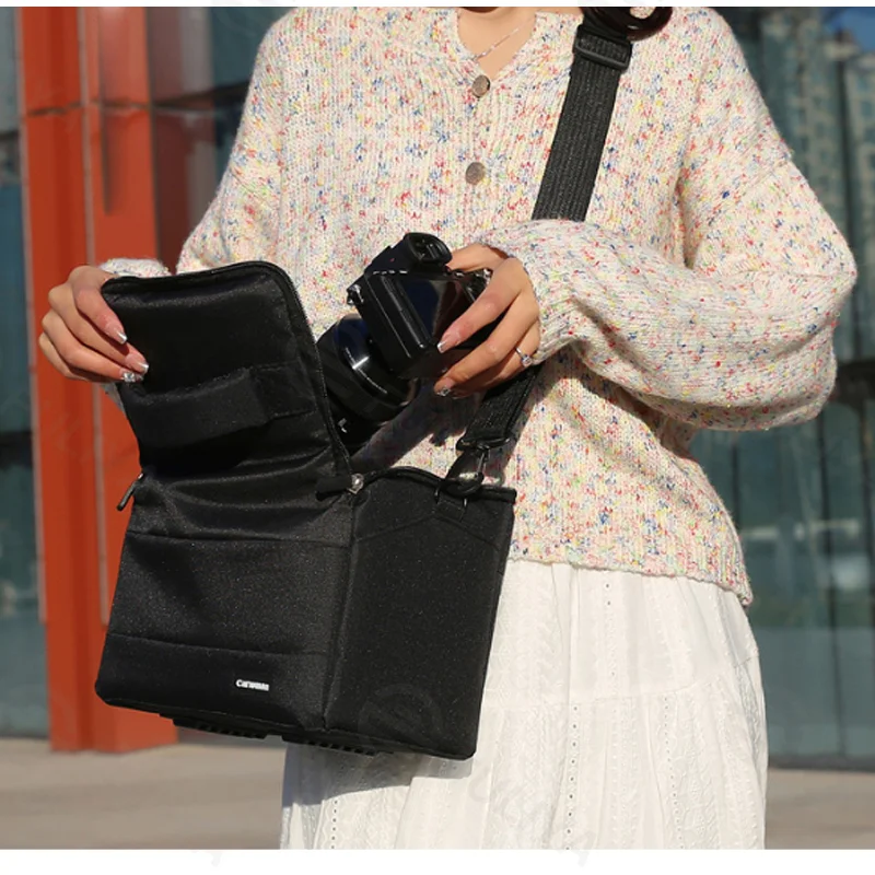 Guangzhou Fuliya Industry Co.,Ltd C-81268 Casual shoulder camera bag, water-resistant and wear-resistant, plush lining, removable dividers, mesh pocket, padded handle, and detachable strap - for DSLR, mirrorless, and daily use.