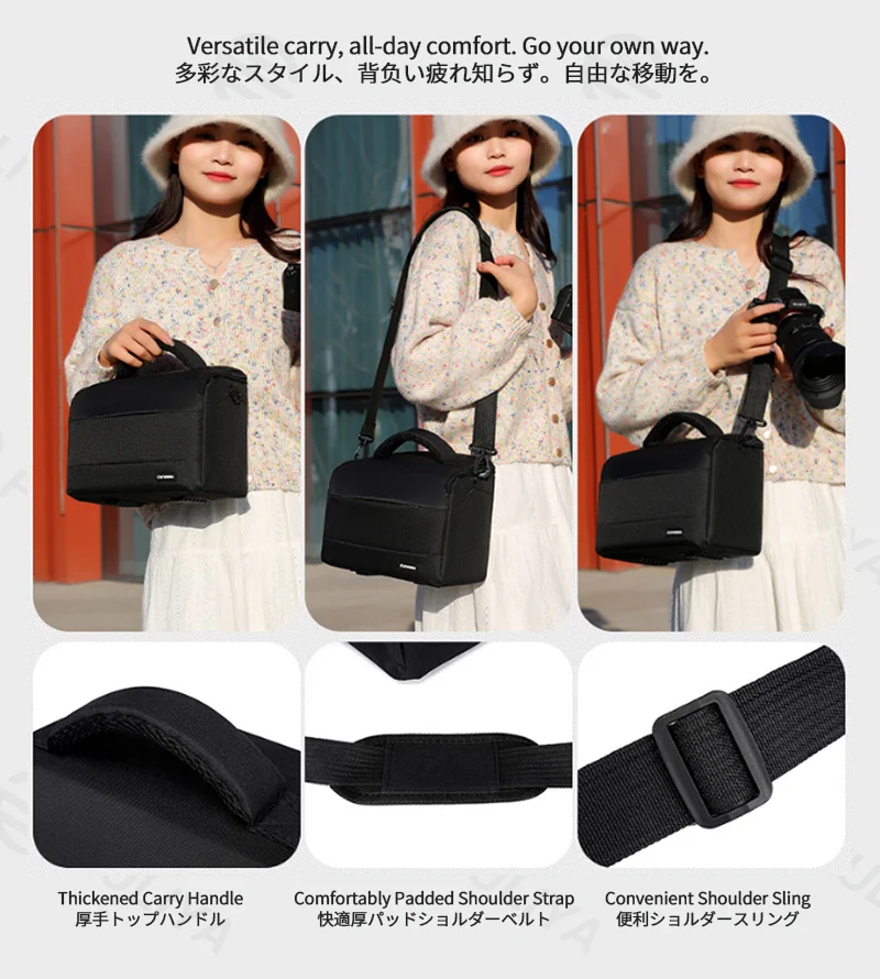Guangzhou Fuliya Industry Co.,Ltd C-81268 Casual shoulder camera bag, water-resistant and wear-resistant, plush lining, removable dividers, mesh pocket, padded handle, and detachable strap - for DSLR, mirrorless, and daily use.