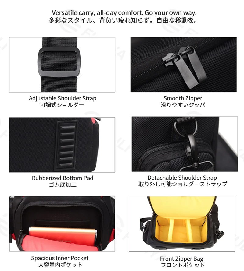 Guangzhou Fuliya Industry Co.,Ltd C-81270 Shoulder camera bag, water-resistant and wear-resistant, large main compartment, detachable shoulder strap, rubberized bottom pad, and front zipper pocket - multiple sizes for DSLR and mirrorless.