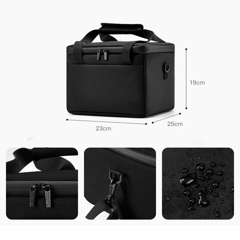 Guangzhou Fuliya Industry Co.,Ltd C-81271 Projector hand-carry storage bag, water-resistant and scratch-resistant, thick foam handle, removable divider, hidden pocket, and mesh pocket, soft lining for dust protection.