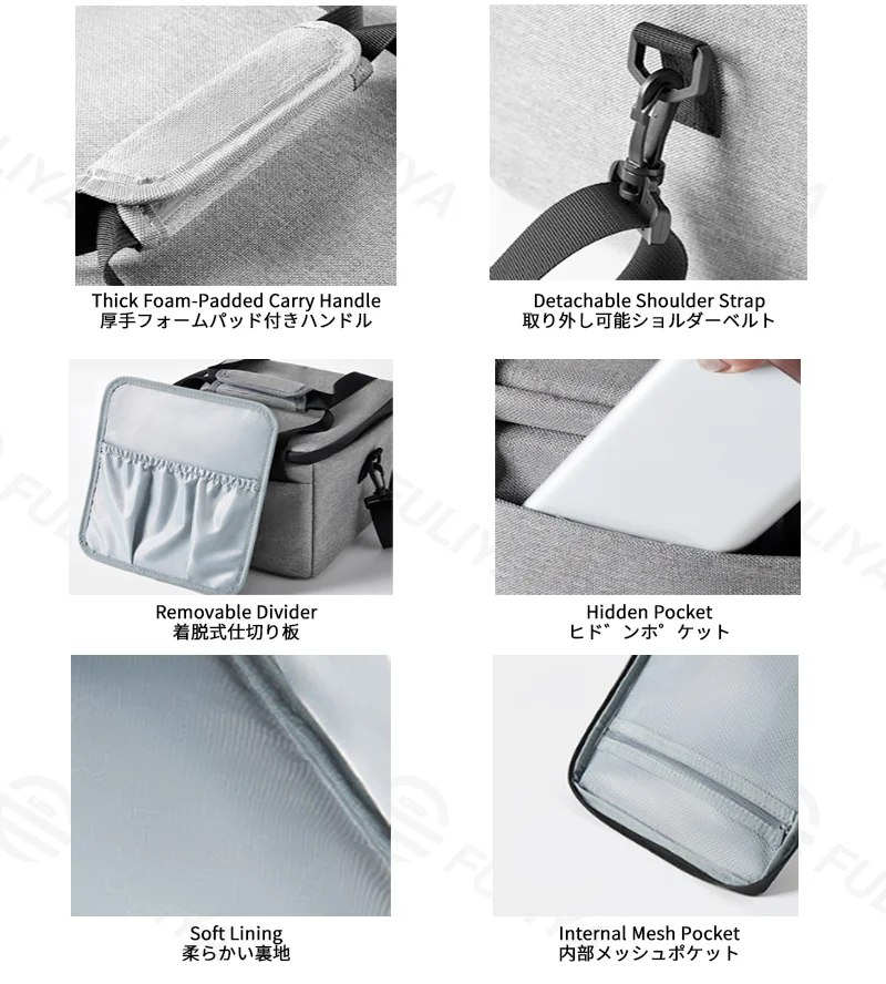 Guangzhou Fuliya Industry Co.,Ltd C-81271 Projector hand-carry storage bag, water-resistant and scratch-resistant, thick foam handle, removable divider, hidden pocket, and mesh pocket, soft lining for dust protection.