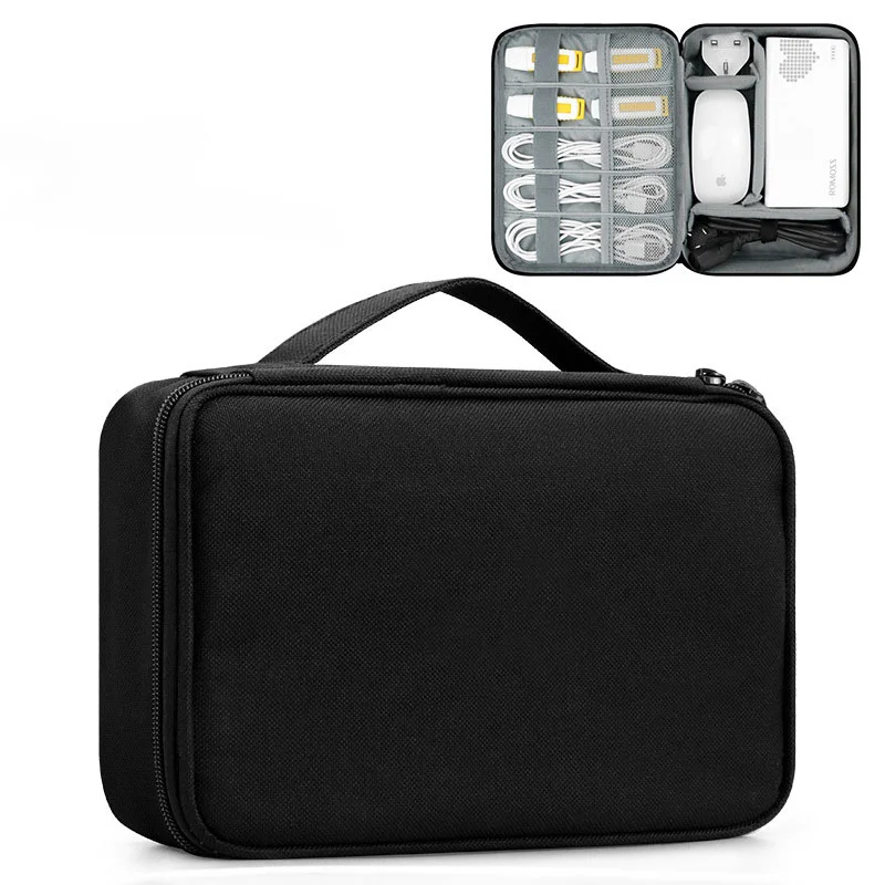 Guangzhou Fuliya Industry Co.,Ltd C-81272 Single-layer multi-functional digital organizer bag, removable dividers, cable grid, mesh pockets, handle, and smooth zipper - for hard drives, USB drives, phones, power banks, earphones, and cables.