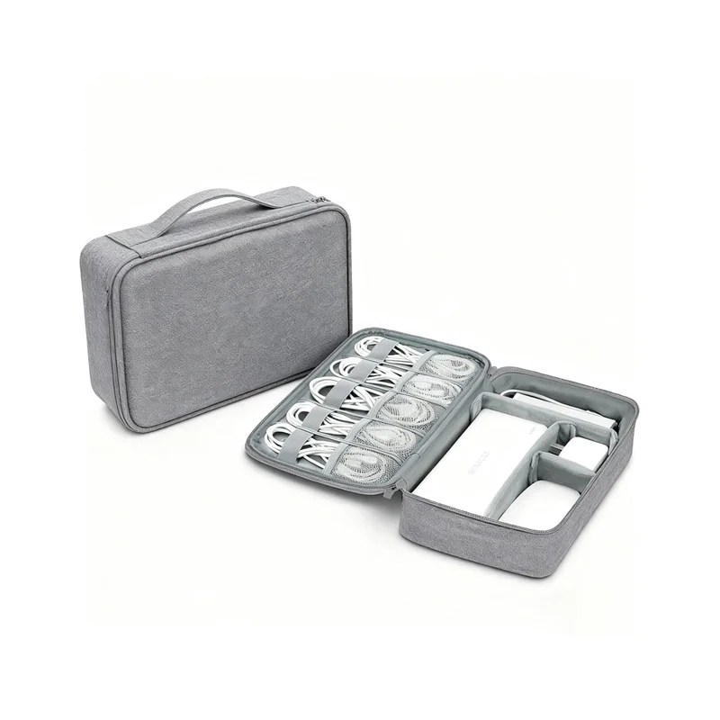 Guangzhou Fuliya Industry Co.,Ltd C-81272 Single-layer multi-functional digital organizer bag, removable dividers, cable grid, mesh pockets, handle, and smooth zipper - for hard drives, USB drives, phones, power banks, earphones, and cables.