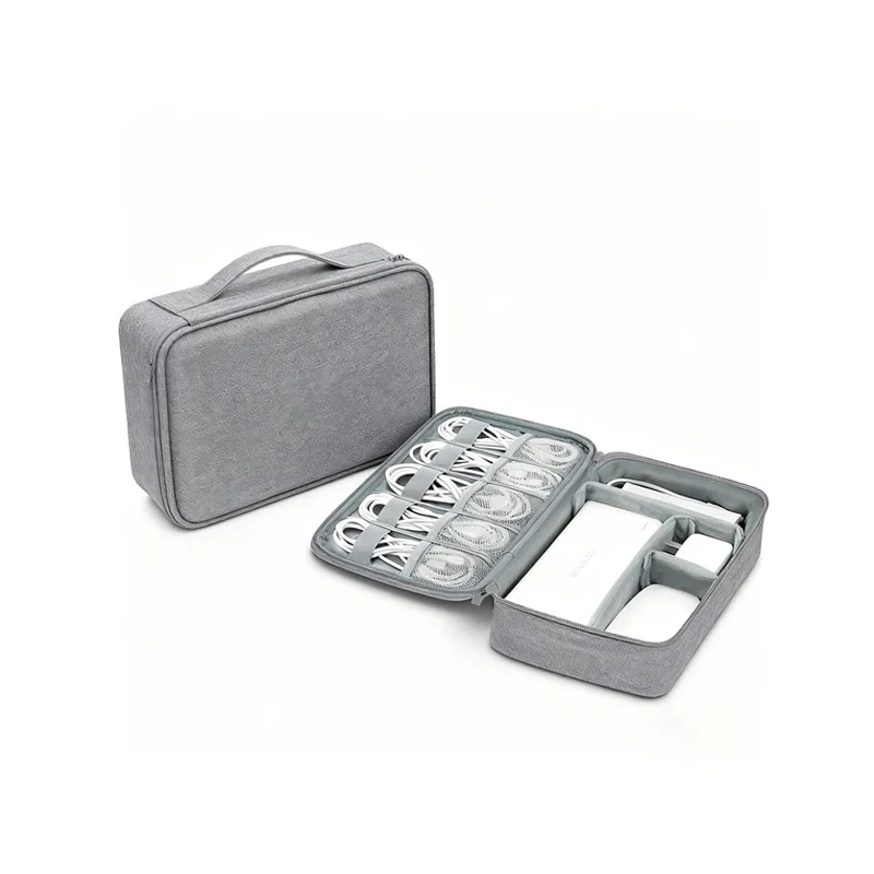 Guangzhou Fuliya Industry Co.,Ltd C-81272 Single-layer multi-functional digital organizer bag, removable dividers, cable grid, mesh pockets, handle, and smooth zipper - for hard drives, USB drives, phones, power banks, earphones, and cables.