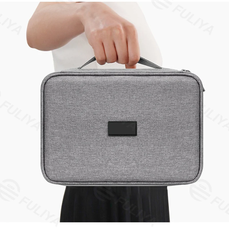 Guangzhou Fuliya Industry Co.,Ltd C-81272 Single-layer multi-functional digital organizer bag, removable dividers, cable grid, mesh pockets, handle, and smooth zipper - for hard drives, USB drives, phones, power banks, earphones, and cables.