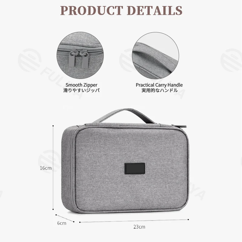Guangzhou Fuliya Industry Co.,Ltd C-81272 Single-layer multi-functional digital organizer bag, removable dividers, cable grid, mesh pockets, handle, and smooth zipper - for hard drives, USB drives, phones, power banks, earphones, and cables.