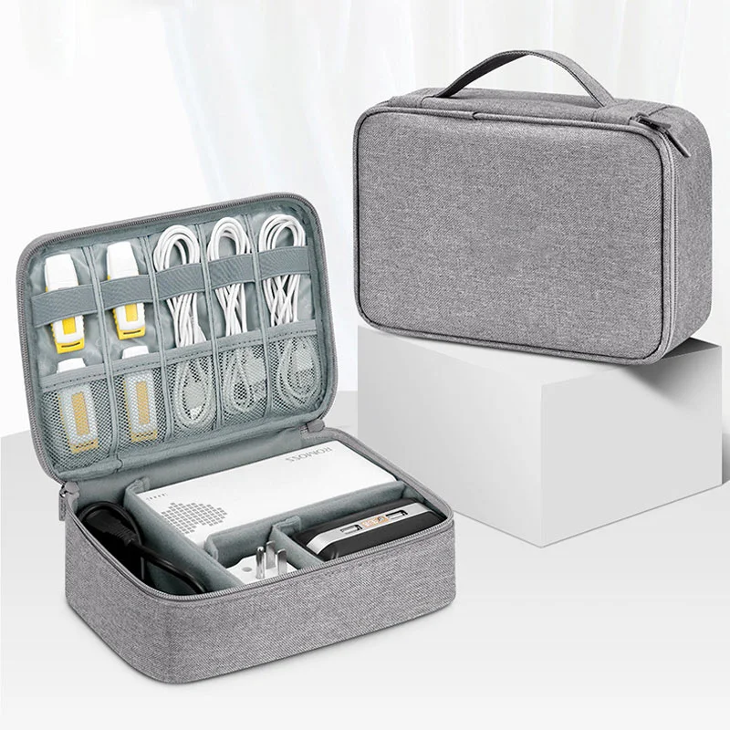 Guangzhou Fuliya Industry Co.,Ltd C-81272 Single-layer multi-functional digital organizer bag, removable dividers, cable grid, mesh pockets, handle, and smooth zipper - for hard drives, USB drives, phones, power banks, earphones, and cables.