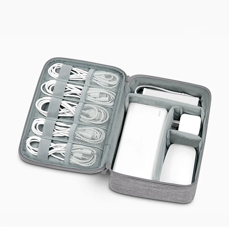 Guangzhou Fuliya Industry Co.,Ltd C-81272 Single-layer multi-functional digital organizer bag, removable dividers, cable grid, mesh pockets, handle, and smooth zipper - for hard drives, USB drives, phones, power banks, earphones, and cables.