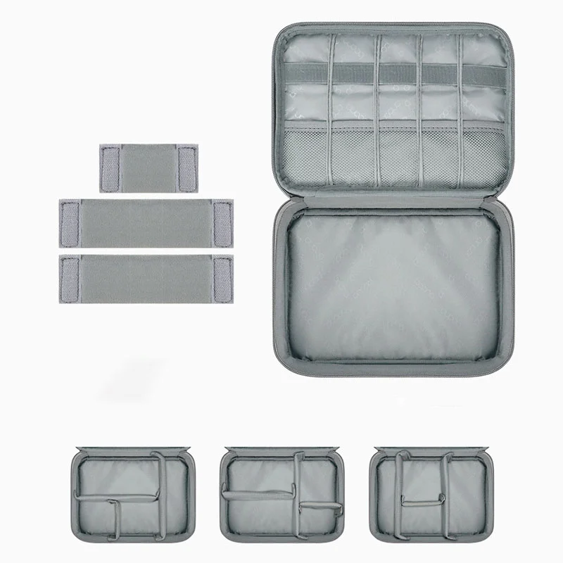 Guangzhou Fuliya Industry Co.,Ltd C-81272 Single-layer multi-functional digital organizer bag, removable dividers, cable grid, mesh pockets, handle, and smooth zipper - for hard drives, USB drives, phones, power banks, earphones, and cables.