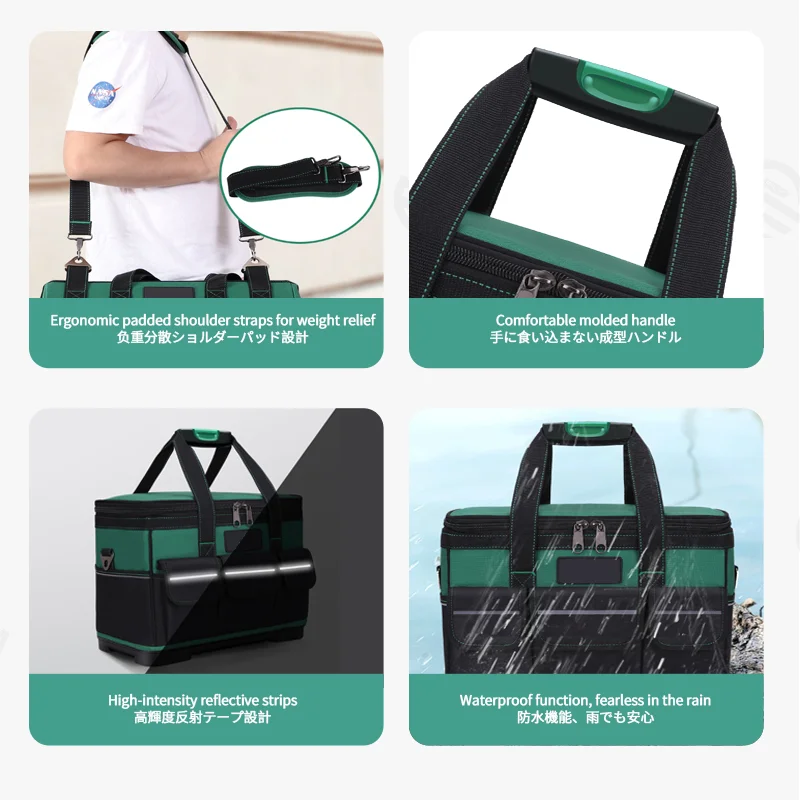 Guangzhou Fuliya Industry Co.,Ltd C-81273 Large Oxford tool bag, water-resistant and wear-resistant, multi-level storage, padded handle, pressure-relieving strap, reflective strips, and external Velcro pockets - for repair, hardware, and electrical work.