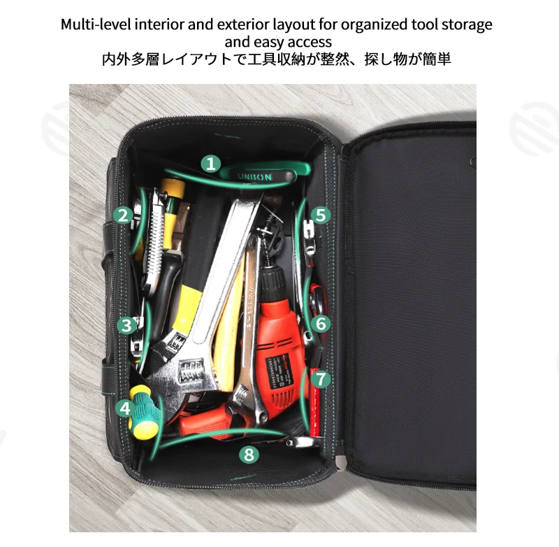 Guangzhou Fuliya Industry Co.,Ltd C-81273 Large Oxford tool bag, water-resistant and wear-resistant, multi-level storage, padded handle, pressure-relieving strap, reflective strips, and external Velcro pockets - for repair, hardware, and electrical work.