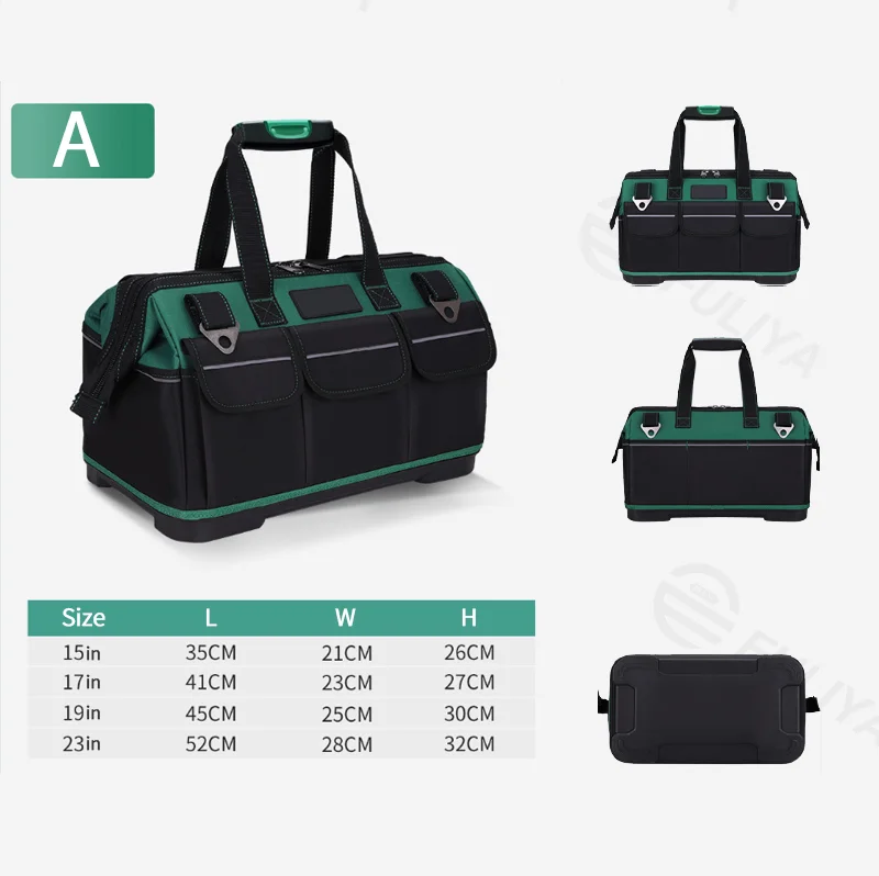 Guangzhou Fuliya Industry Co.,Ltd C-81273 Large Oxford tool bag, water-resistant and wear-resistant, multi-level storage, padded handle, pressure-relieving strap, reflective strips, and external Velcro pockets - for repair, hardware, and electrical work.