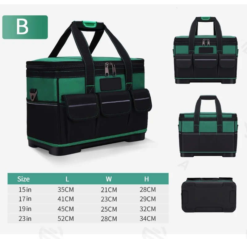 Guangzhou Fuliya Industry Co.,Ltd C-81273 Large Oxford tool bag, water-resistant and wear-resistant, multi-level storage, padded handle, pressure-relieving strap, reflective strips, and external Velcro pockets - for repair, hardware, and electrical work.