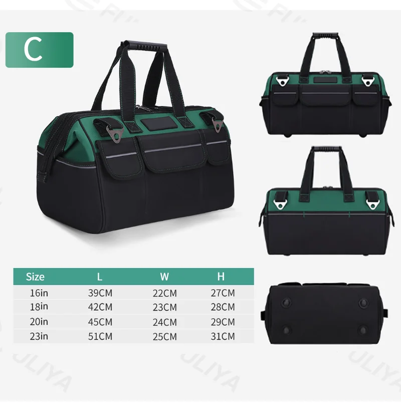 Guangzhou Fuliya Industry Co.,Ltd C-81273 Large Oxford tool bag, water-resistant and wear-resistant, multi-level storage, padded handle, pressure-relieving strap, reflective strips, and external Velcro pockets - for repair, hardware, and electrical work.