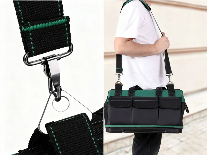 Guangzhou Fuliya Industry Co.,Ltd C-81273 Large Oxford tool bag, water-resistant and wear-resistant, multi-level storage, padded handle, pressure-relieving strap, reflective strips, and external Velcro pockets - for repair, hardware, and electrical work.