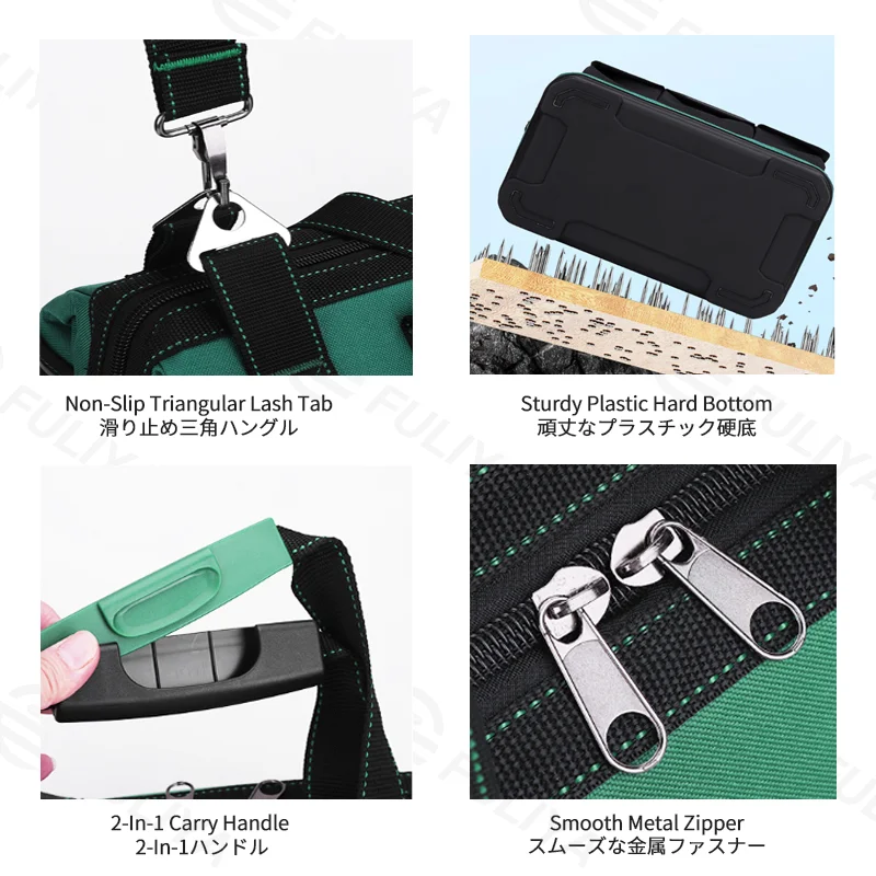 Guangzhou Fuliya Industry Co.,Ltd C-81273 Large Oxford tool bag, water-resistant and wear-resistant, multi-level storage, padded handle, pressure-relieving strap, reflective strips, and external Velcro pockets - for repair, hardware, and electrical work.