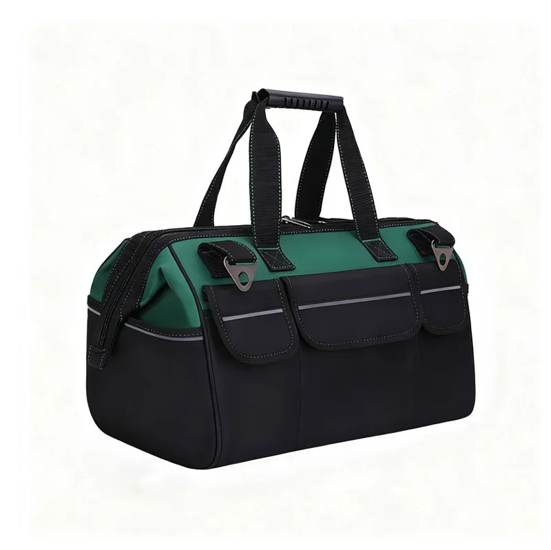 Guangzhou Fuliya Industry Co.,Ltd C-81273 Large Oxford tool bag, water-resistant and wear-resistant, multi-level storage, padded handle, pressure-relieving strap, reflective strips, and external Velcro pockets - for repair, hardware, and electrical work.