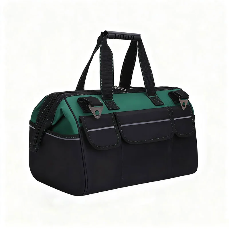 Guangzhou Fuliya Industry Co.,Ltd C-81273 Large Oxford tool bag, water-resistant and wear-resistant, multi-level storage, padded handle, pressure-relieving strap, reflective strips, and external Velcro pockets - for repair, hardware, and electrical work.