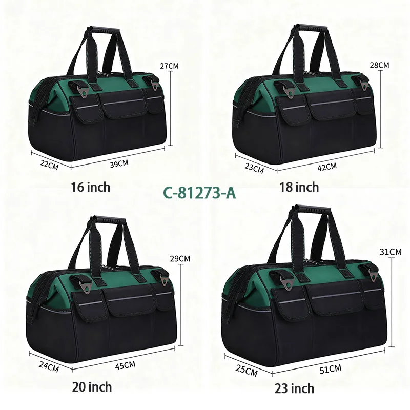 Guangzhou Fuliya Industry Co.,Ltd C-81273 Large Oxford tool bag, water-resistant and wear-resistant, multi-level storage, padded handle, pressure-relieving strap, reflective strips, and external Velcro pockets - for repair, hardware, and electrical work.