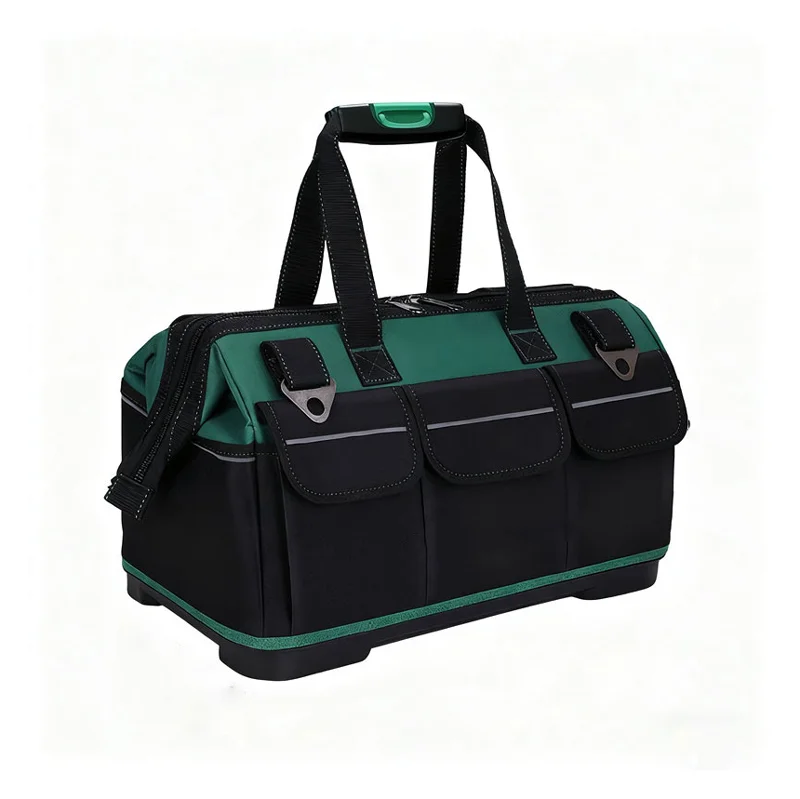 Guangzhou Fuliya Industry Co.,Ltd C-81273 Large Oxford tool bag, water-resistant and wear-resistant, multi-level storage, padded handle, pressure-relieving strap, reflective strips, and external Velcro pockets - for repair, hardware, and electrical work.
