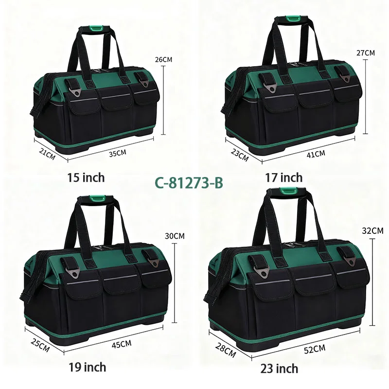 Guangzhou Fuliya Industry Co.,Ltd C-81273 Large Oxford tool bag, water-resistant and wear-resistant, multi-level storage, padded handle, pressure-relieving strap, reflective strips, and external Velcro pockets - for repair, hardware, and electrical work.