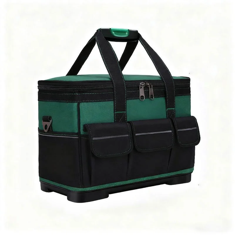 Guangzhou Fuliya Industry Co.,Ltd C-81273 Large Oxford tool bag, water-resistant and wear-resistant, multi-level storage, padded handle, pressure-relieving strap, reflective strips, and external Velcro pockets - for repair, hardware, and electrical work.