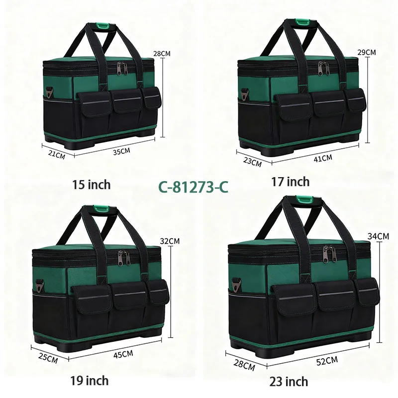 Guangzhou Fuliya Industry Co.,Ltd C-81273 Large Oxford tool bag, water-resistant and wear-resistant, multi-level storage, padded handle, pressure-relieving strap, reflective strips, and external Velcro pockets - for repair, hardware, and electrical work.