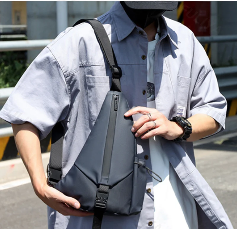 Guangzhou Fuliya Industry Co.,Ltd C-81277 Men's crossbody chest bag, water-repellent coating, multi-compartment, front zipper pocket, side slip pocket, and adjustable strap - shoulder, crossbody, or hand carry for commuting, cycling, and travel.