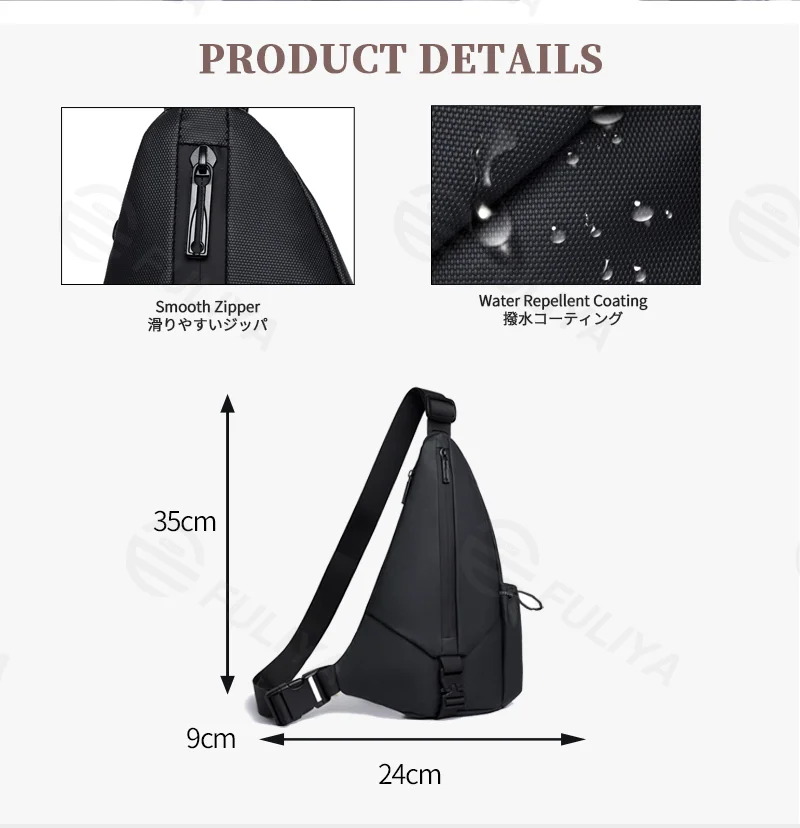 Guangzhou Fuliya Industry Co.,Ltd C-81277 Men's crossbody chest bag, water-repellent coating, multi-compartment, front zipper pocket, side slip pocket, and adjustable strap - shoulder, crossbody, or hand carry for commuting, cycling, and travel.