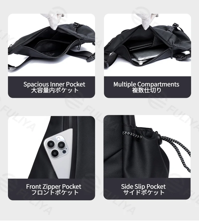 Guangzhou Fuliya Industry Co.,Ltd C-81277 Men's crossbody chest bag, water-repellent coating, multi-compartment, front zipper pocket, side slip pocket, and adjustable strap - shoulder, crossbody, or hand carry for commuting, cycling, and travel.