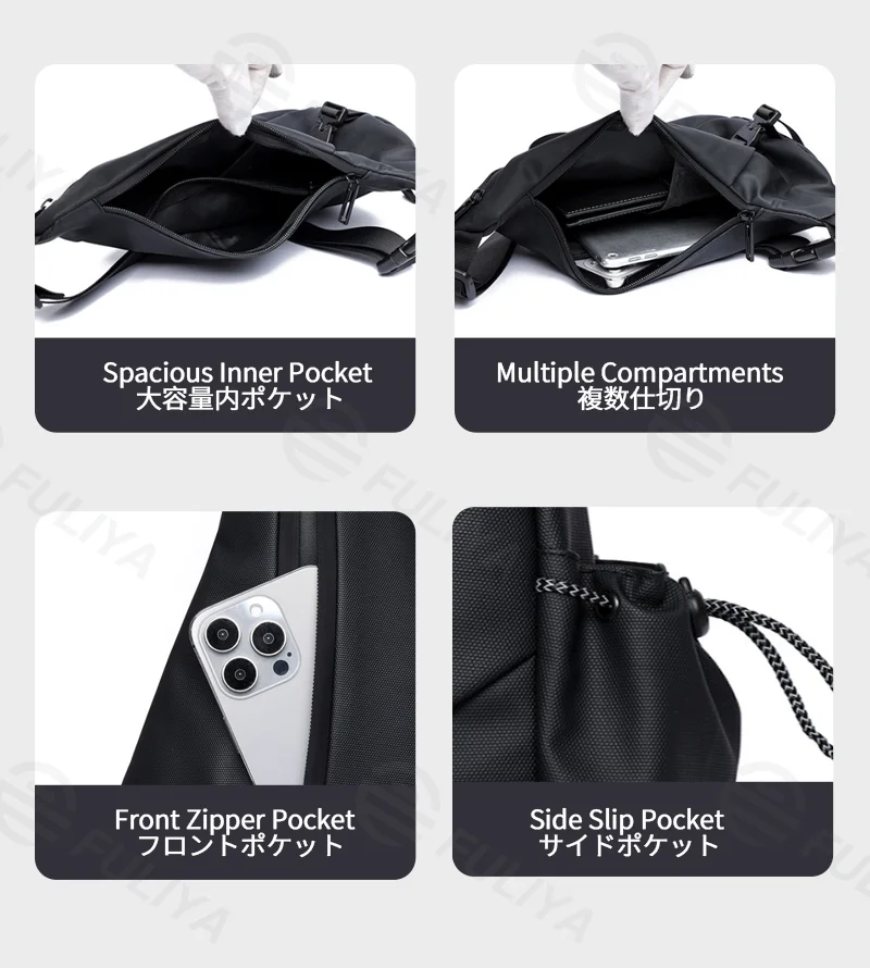 Guangzhou Fuliya Industry Co.,Ltd C-81278 Utility crossbody bag, large capacity, comfortable handle, breathable strap, front zipper and side slip pockets - shoulder, crossbody, or hand carry for motorcycling, cycling, and daily use.